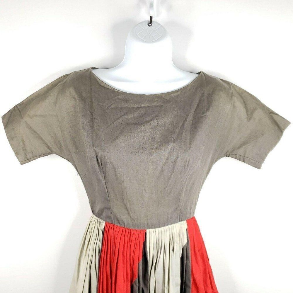 Vintage 50s Pleated Cotton Swing Dress S Gray Red Colorblock Handmade Rockabilly